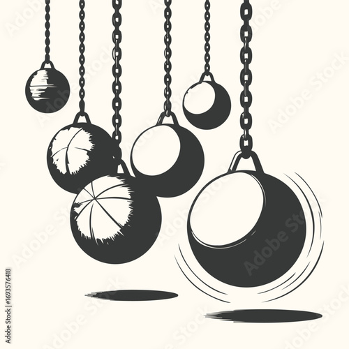 Vector art of a collection of wrecking balls hanging from chains, some in motion, isolated on a light background