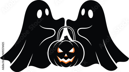 Silhouette of two ghosts holding a jack-o'-lantern, perfect for Halloween-themed designs and decorations
