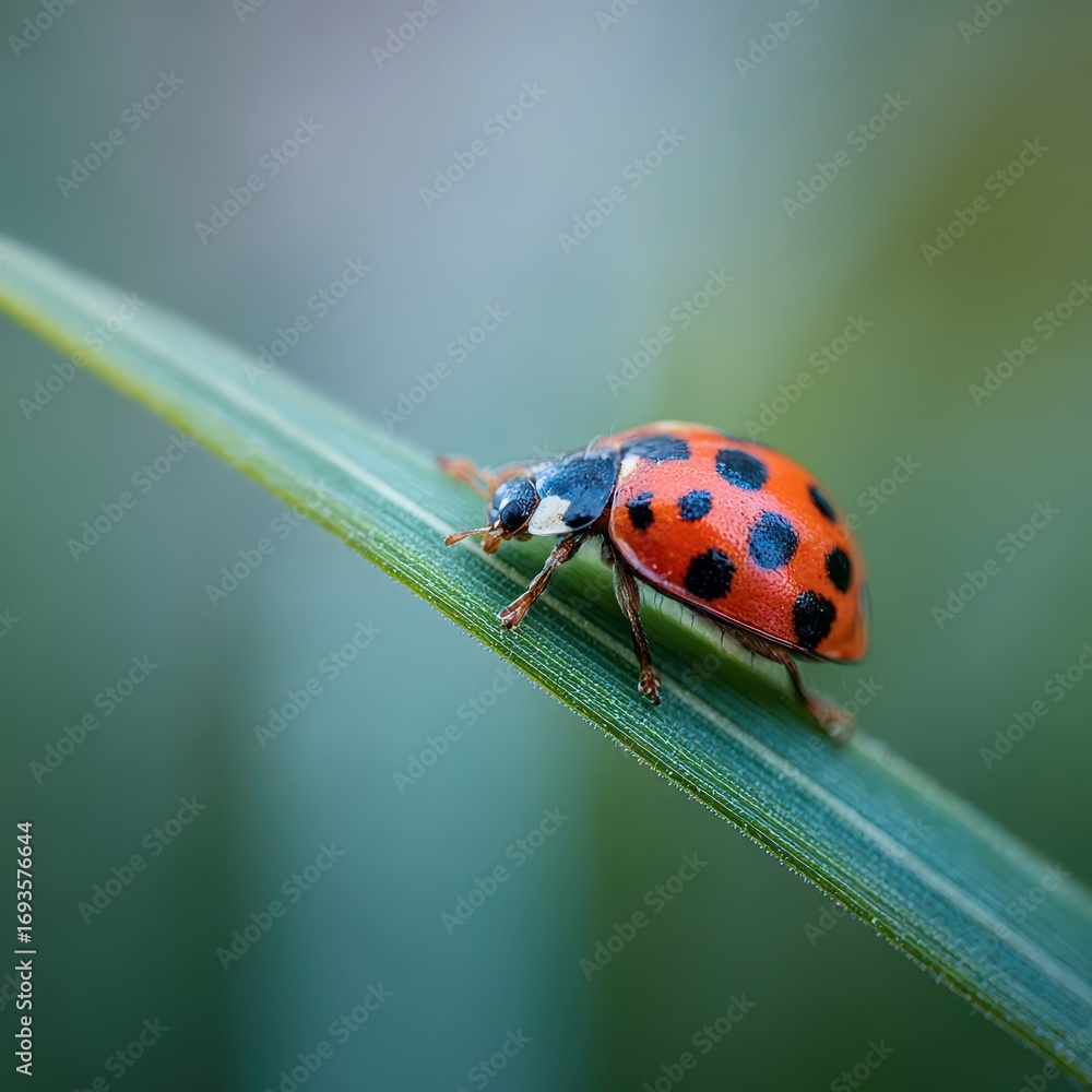 Fototapeta premium Close-up of ladybug on dew-covered blade of grass