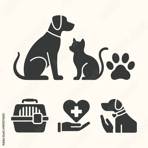 Vector art of set of icons representing veterinary care, pets, and pet transportation, isolated on a light background