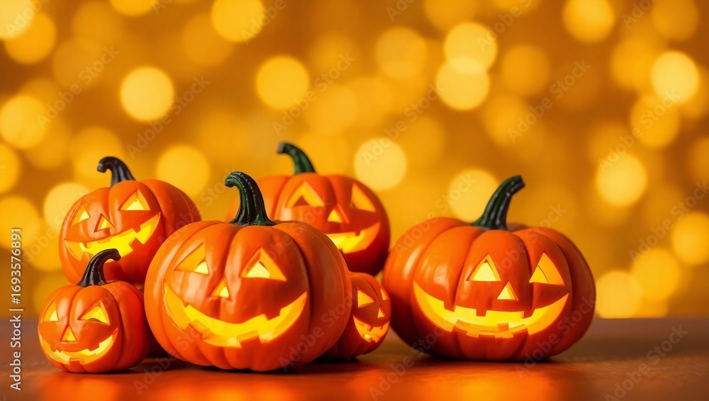 Fototapeta premium Group of glowing jack o lanterns on a reflective surface with bokeh background
