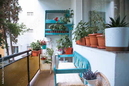 Small balcony with blue wooden bench and summer flowers.