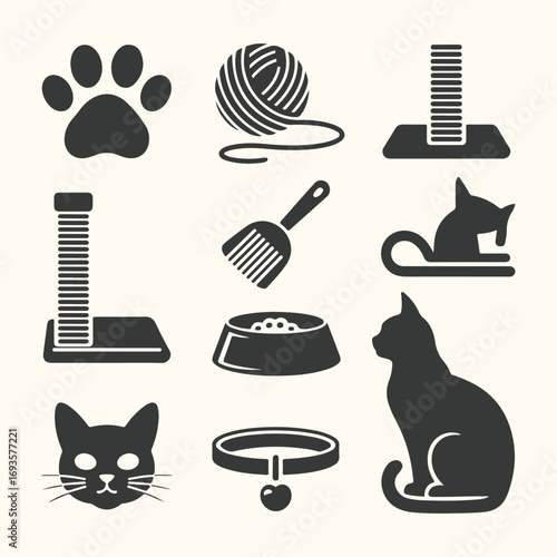 Vector art of collection of catrelated icons including a paw print, yarn ball, scratching posts, and a cat silhouette isolated on a light background