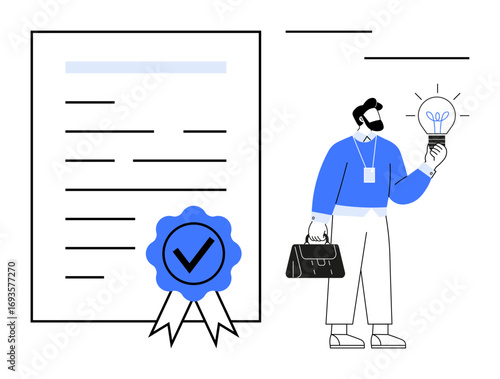 Businessman with briefcase and lightbulb idea stands near certified document and checkmark badge. Ideal for innovation, creativity, entrepreneurship, certification, success, business strategy