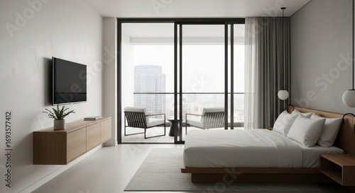 Modern minimalist hotel room with a comfortable bed and balcony access.