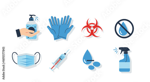 COVID-19 Prevention Icons - Hand Sanitizer, Gloves, Mask, Syringe, Biohazard, and Spray.