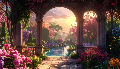 A breathtaking, sun-drenched garden pavilion adorned with vibrant blossoms and ancient arches, showcasing a serene and peaceful escape.