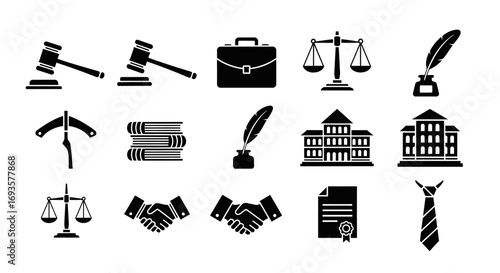 Set of monochrome law and justice icons. Black silhouettes of a gavel, scales, courthouse, briefcase, and legal symbols.