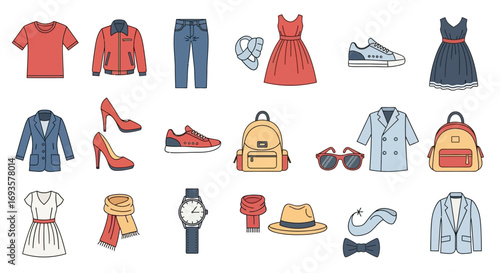 Colorful Hand-Drawn Doodle Collection of Mens and Womens Clothing and Accessories.