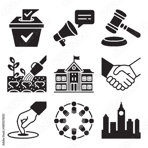 Set of black icons depicting voting justice community and city