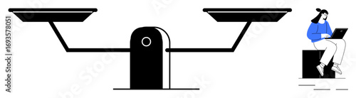 Woman seated with a laptop next to a balanced scale, representing fairness and thoughtful decision-making. Ideal for balance, equality, justice, analysis, work-life harmony, focus decision-making. A