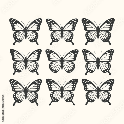 Vector art of nine black butterfly illustrations