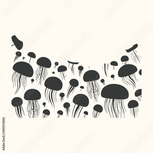 Vector art of a collection of black jellyfish silhouettes scattered across a light cream background