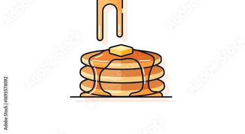 Stylized cartoon illustration of a stack of pancakes with melting butter and dripping maple syrup.
