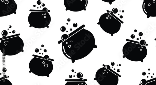 Seamless pattern of witch cauldrons with boiling potion halloween with witchy elements, vector illustration