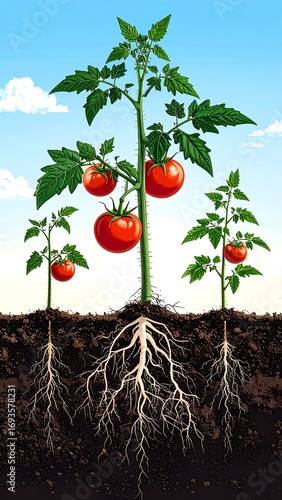 Growing tomato plant with roots