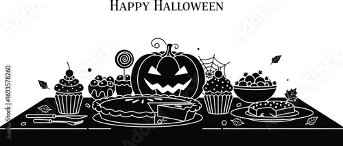 Happy halloween dessert table with pumpkin, pie, cupcakes, candy, and other treats in black style