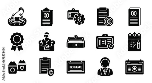 Set of Black Flat Insurance and Financial Icons.