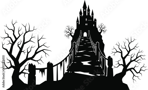 A spooky haunted castle on a hill, with a bridge and bare trees in black and silhouette style
