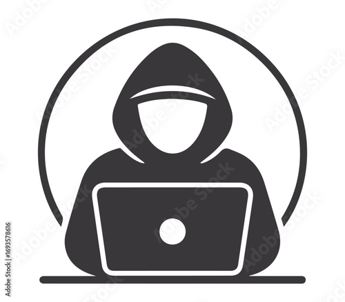 Anonymous hacker in a hooded sweatshirt using a laptop computer with digital security elements