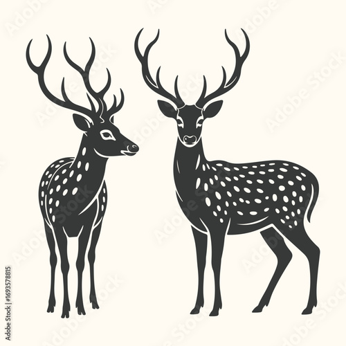 Vector art of two spotted deer standing majestically, isolated on a cream background