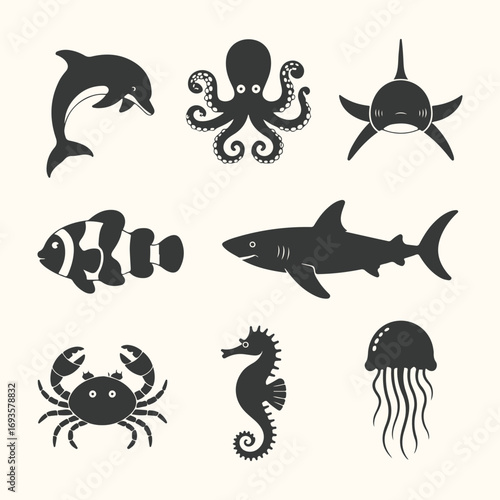 Vector art of collection of stylized marine animals including a dolphin, octopus, shark, clownfish, crab, seahorse, and jellyfish, isolated on a light background
