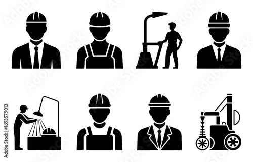 Industrial worker icons: engineers, technicians, and machinery