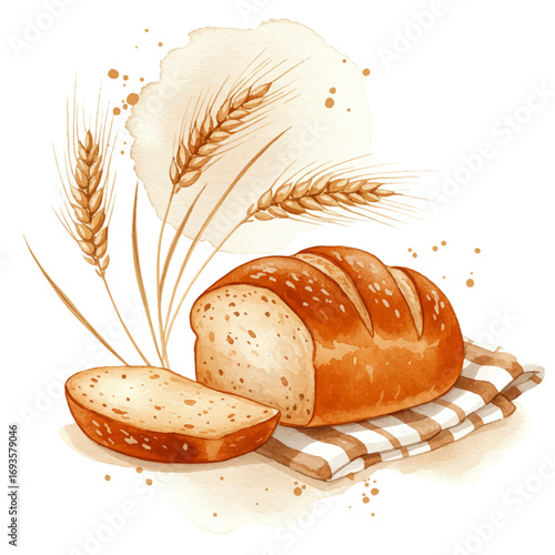 Freshly baked loaf of bread with wheat stalks, watercolor illustration for bakery concepts