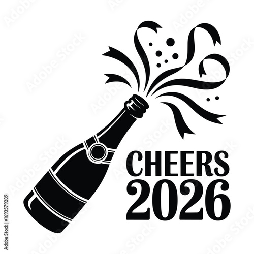 Champagne bottle popping with cheers 2026 text celebration