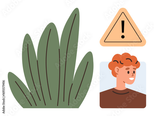 Tall green leaves, caution sign with exclamation point, smiling person portrait. Ideal for safety, nature care, awareness, environment, personal health cautionary advice education. Simple flat