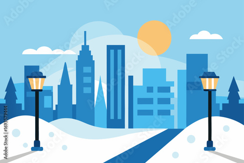 Cityscape winter scene with street lamps