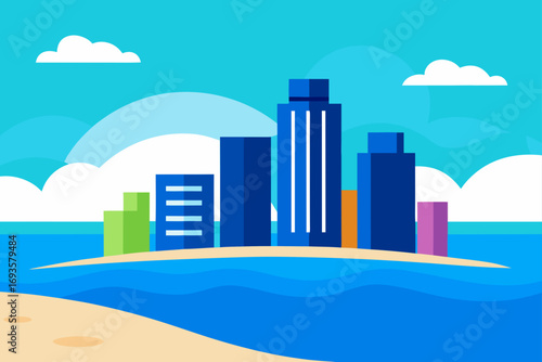 City skyline on island with ocean and sky
