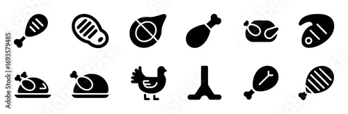 Collection of Black and White Icons Representing Various Meat and Poultry Dishes