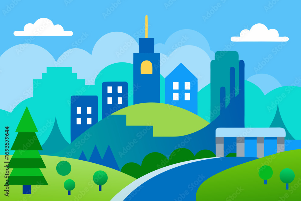 Fototapeta premium Illustrated city landscape with blue road