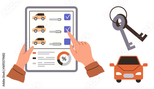 Hands holding car checklist with marked options, percentage chart, car keys, and a vehicle. Ideal for car rental, purchase decisions, automotive services, customer surveys, convenience analysis