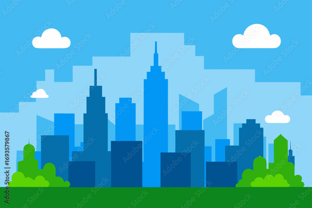 Naklejka premium Cityscape with blue buildings and clouds