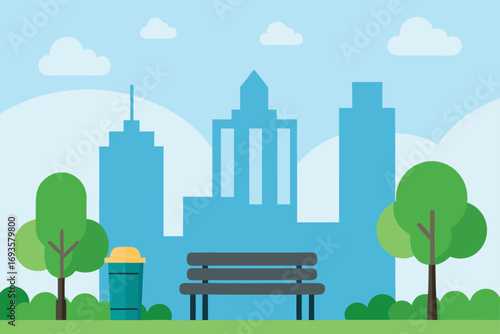 City park with bench and skyline scenery