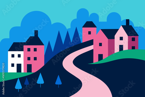 Illustration of houses on a rolling hill
