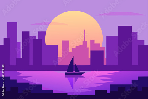 Cityscape sunset with sailboat silhouette