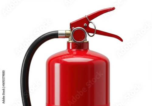 Close-up view of a bright red fire extinguisher with black hose, exhibiting safety equipment readiness.