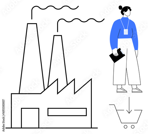 Factory with chimneys representing industry, woman in formal attire holding clipboard signifying management, and shopping cart arrow for commerce and consumerism. Ideal for business, industry