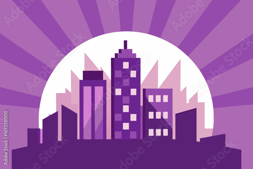 Silhouette of a city with sunburst background