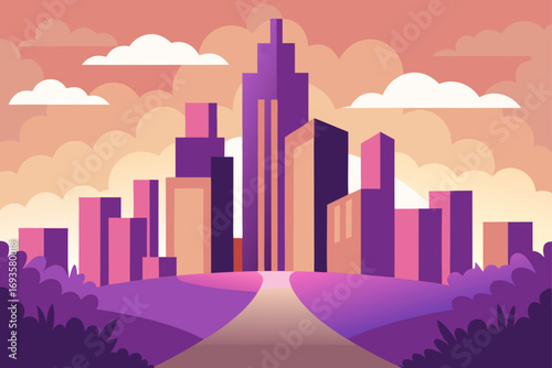 Cityscape illustration with cloudy sky