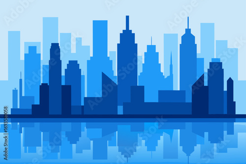 Blue cityscape with water reflections view