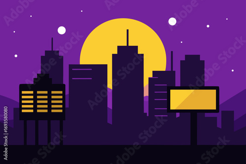 City skyline at night with a large moon