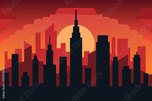City skyline silhouette against sunset sky