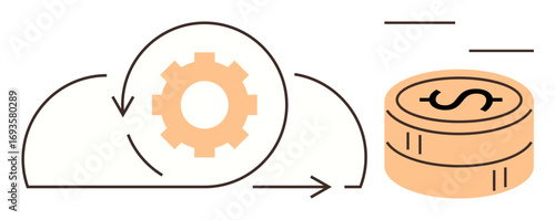 Gear surrounded by curved arrows over a cloud, symbolizing automation, next to coins. Ideal for finance, automation, technology, cloud computing, economic growth investment efficiency. Simple flat