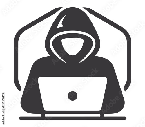 Anonymous hooded figure with laptop computer representing cybercrime and online security threats