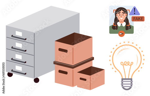 File cabinet with drawers, stacked boxes, fake news alert over video, and illuminated lightbulb. Ideal for misinformation, creativity, data management, productivity, innovation archival management