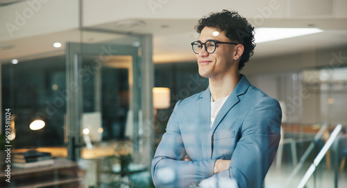 Foto Thinking, window and business man in office, proud reflection and vision for company growth